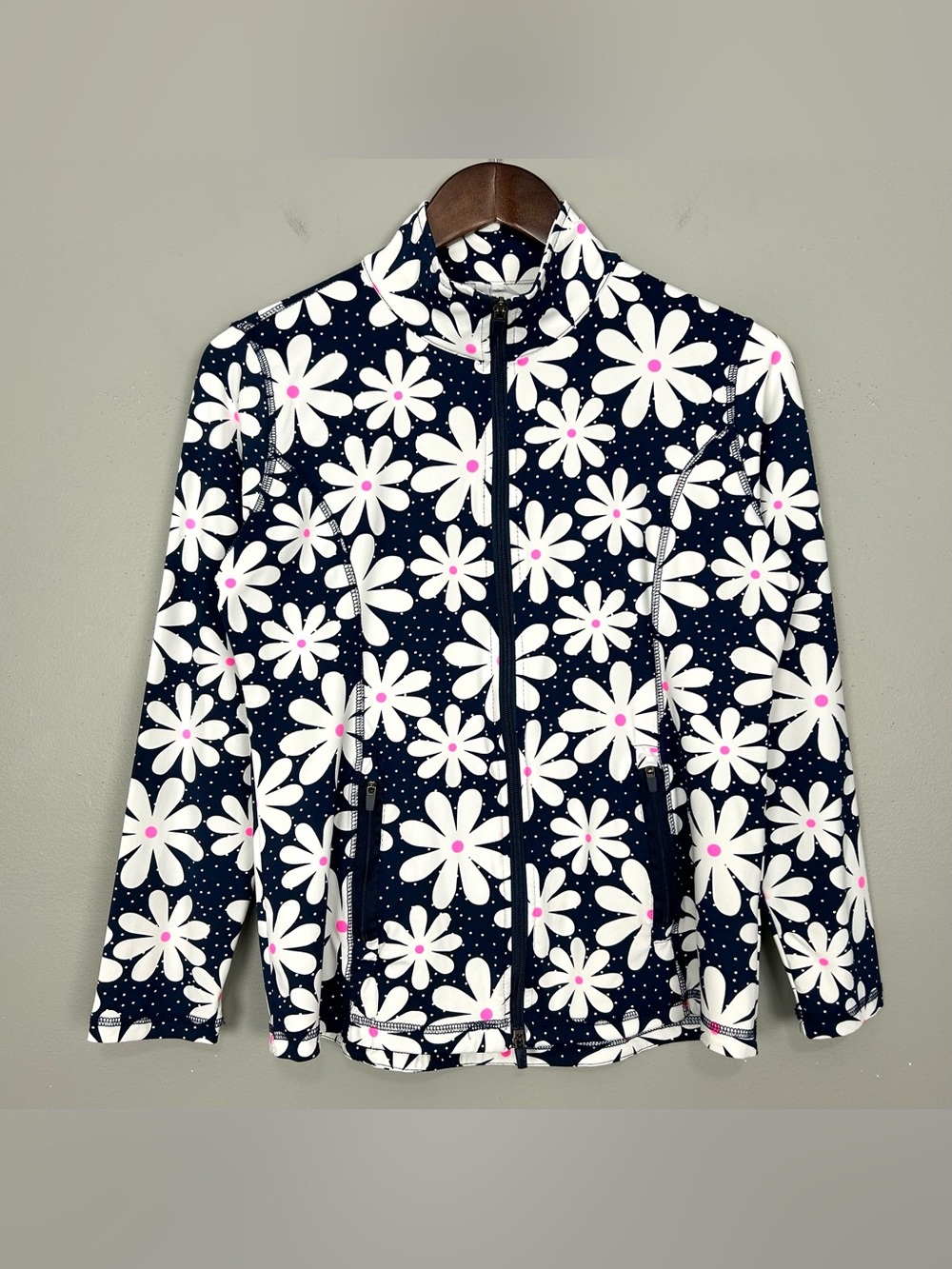 Lulu-B Daisy Dots UPF Jacket Women’s Size S Full Zip Pockets Floral Smooth Knit